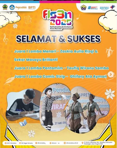Selamat & Sukses Juara 1 Lomba Festival Lomba Seni & Sastra Siswa Nasional(FLS3N) dan LKSN Disabilitas tingkat Cabang Dinas Wilayah XII